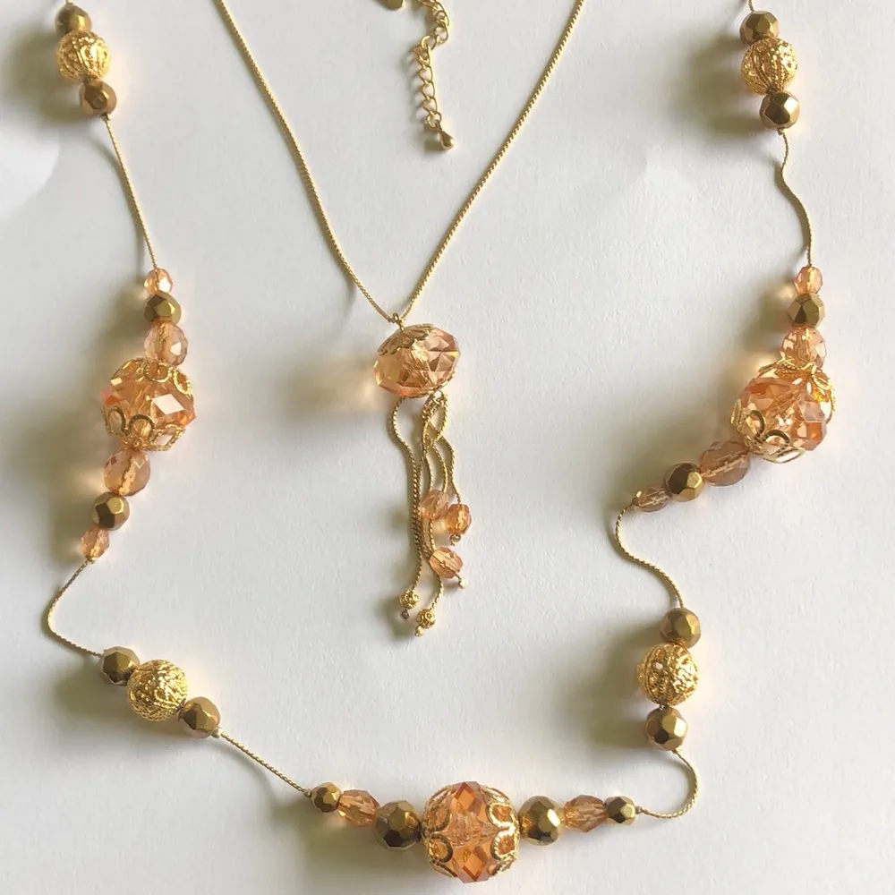NY Brand Gold Tone Chain & Translucent Peach & Filigree Beaded Boho Necklace - Image 2