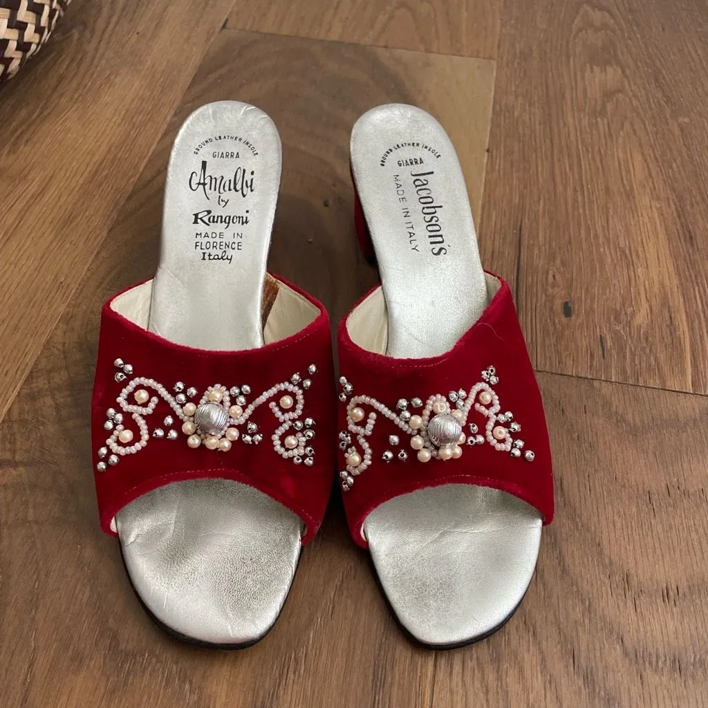 70s Amalfi by Rangoni Red Velvet Open Toe Mules Block Heel 7.5 Narrow - Image 2