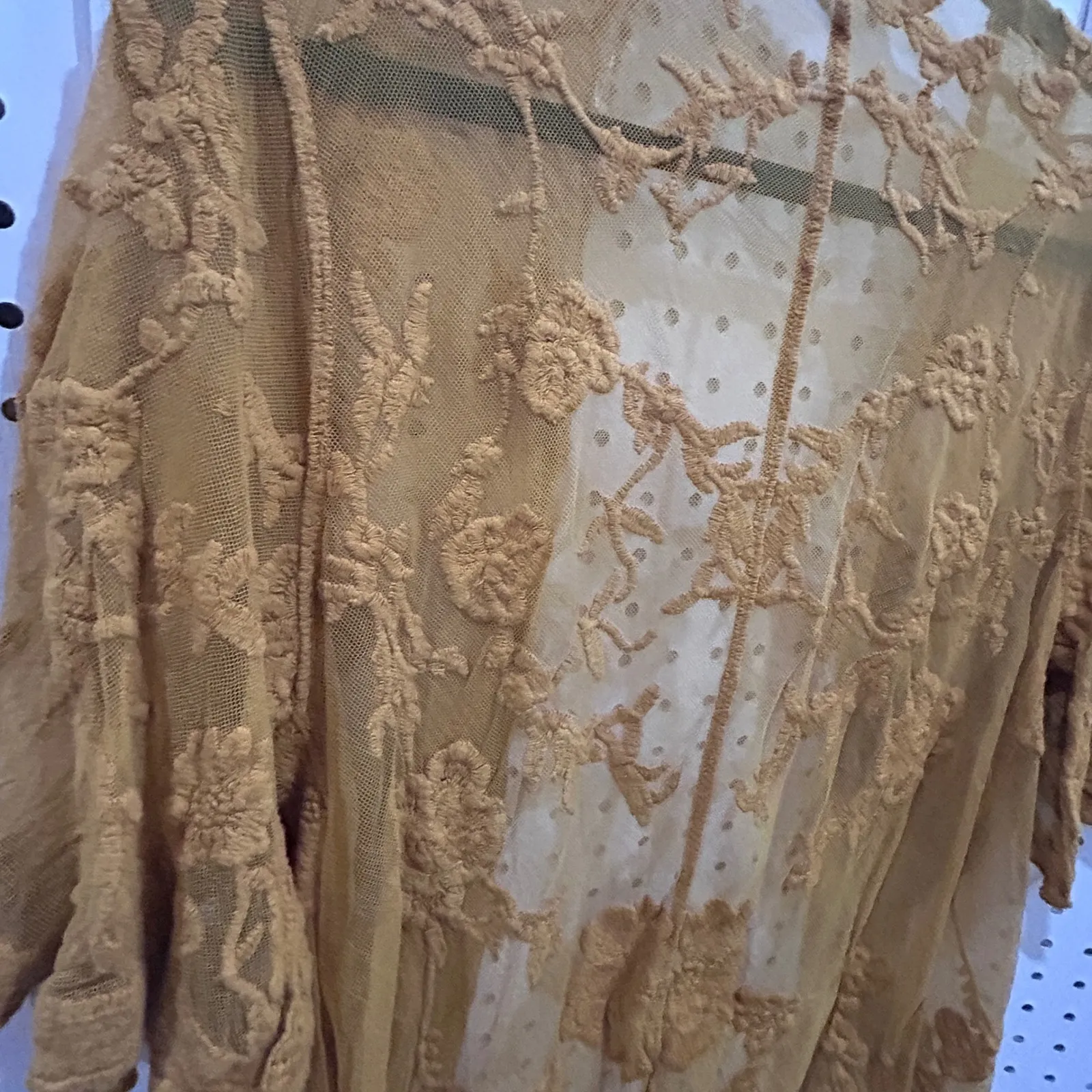 LUQ Women's Mustard Yellow Lace Kimono Cardigan Short Sleeve Open Front - Image 8