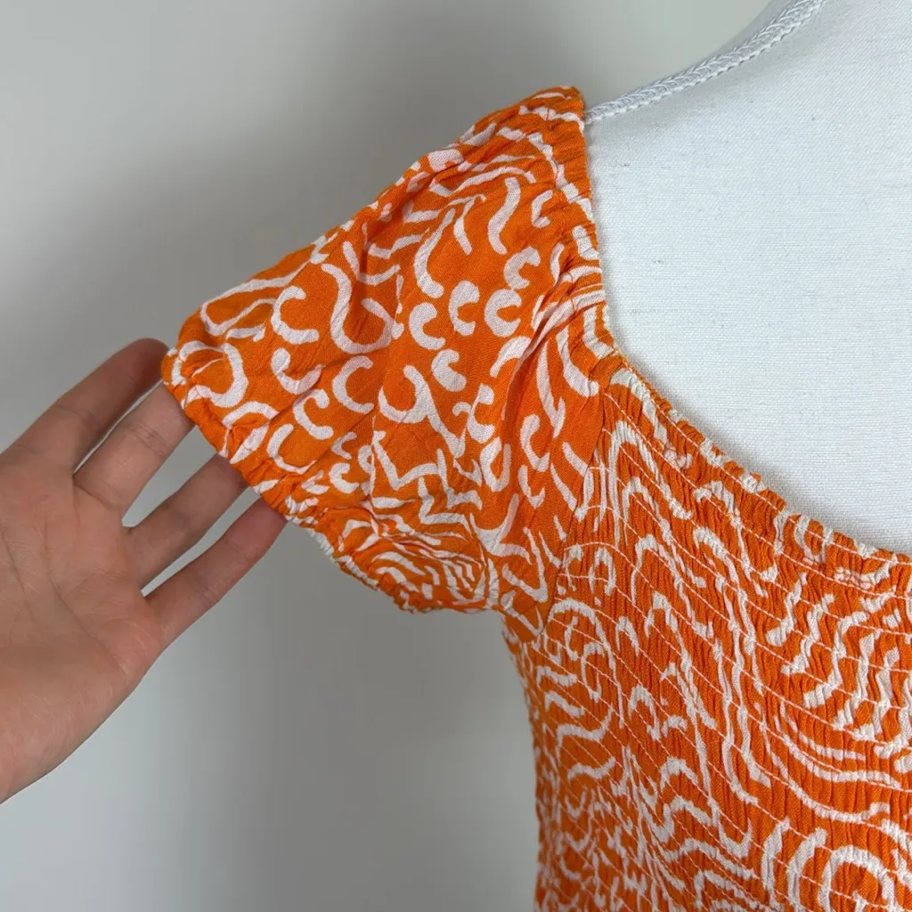NWT NY&C Orange and White Patterned Smocked Crop‎ Babydoll Top Size Lrg Size L - Image 4