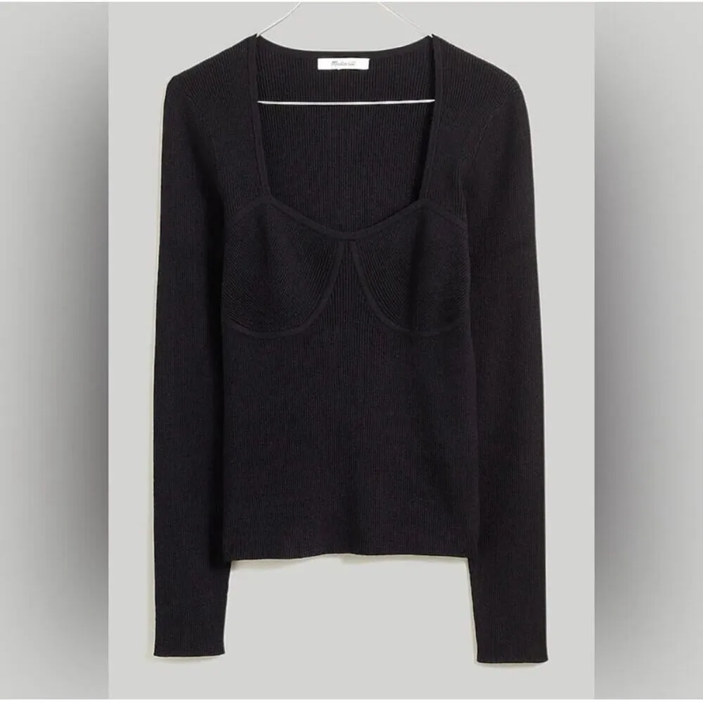 Madewell Black Wide Rib Sweetheart Corset Fitted Sweater Top Size XXS - Image 4