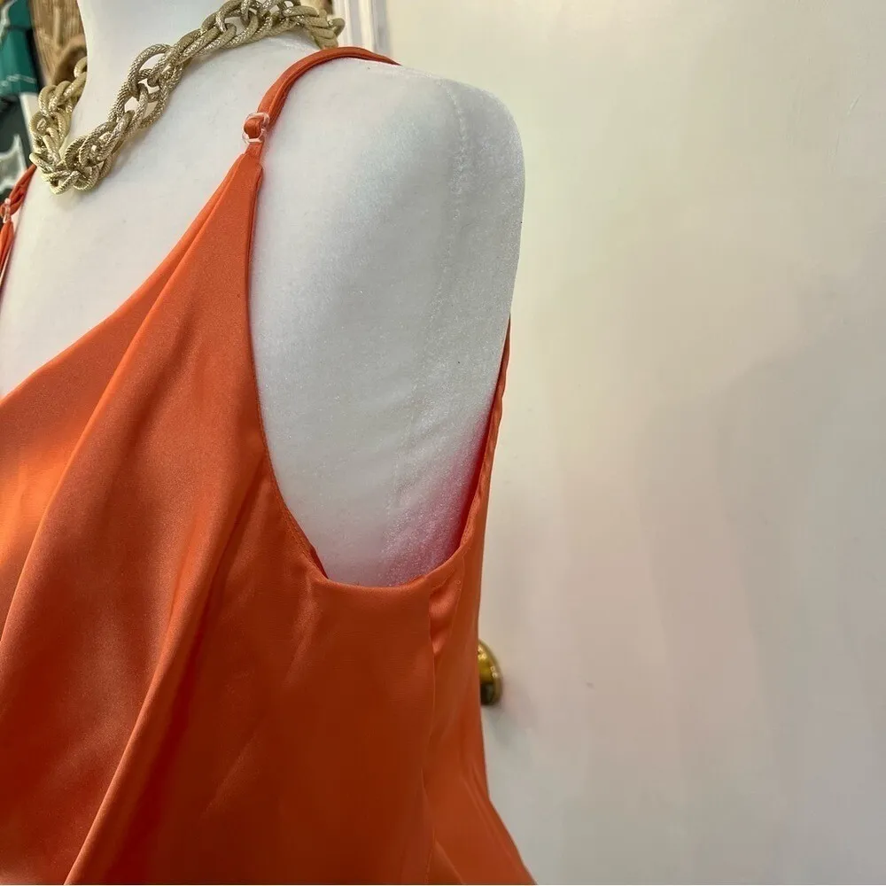 Cliché Draped Satin Slip Top Orange Coral Cowl Neck Cocktail Summer Large - Image 7