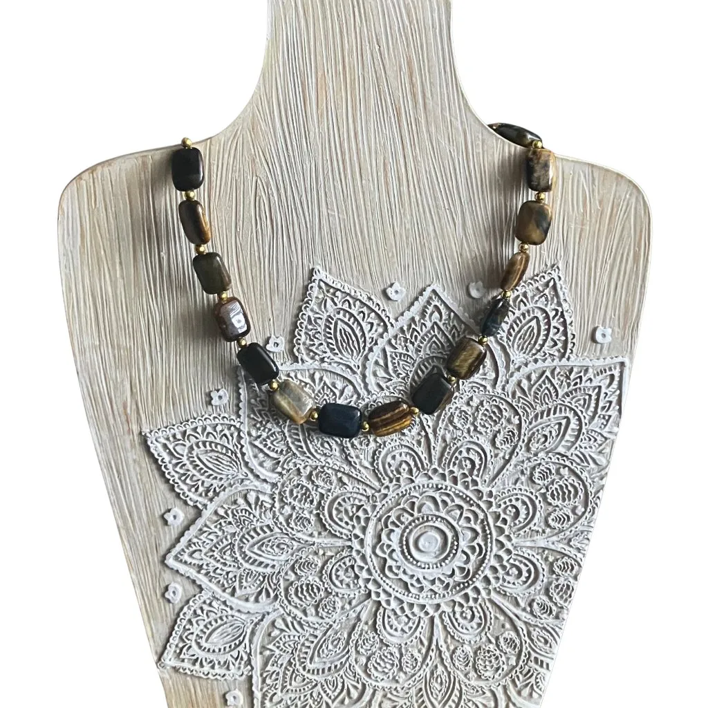 Polished Tiger’s Eye Jasper Signed Sauer Collar Statement Necklace Boho 17 - Image 2