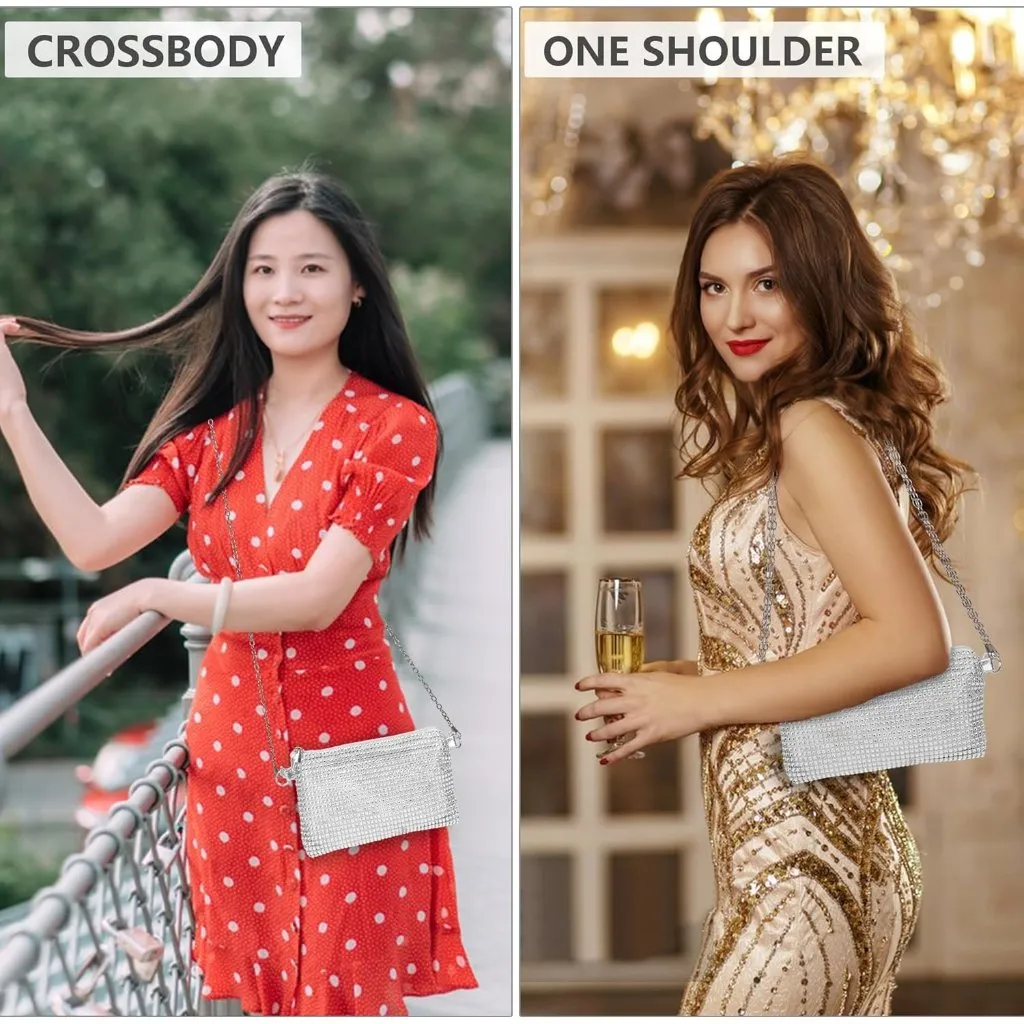 ⚡ Women's Evening Rhinestone Glitter Sparkly Banquet Crossbody Clutch Bag Silver - Image 5
