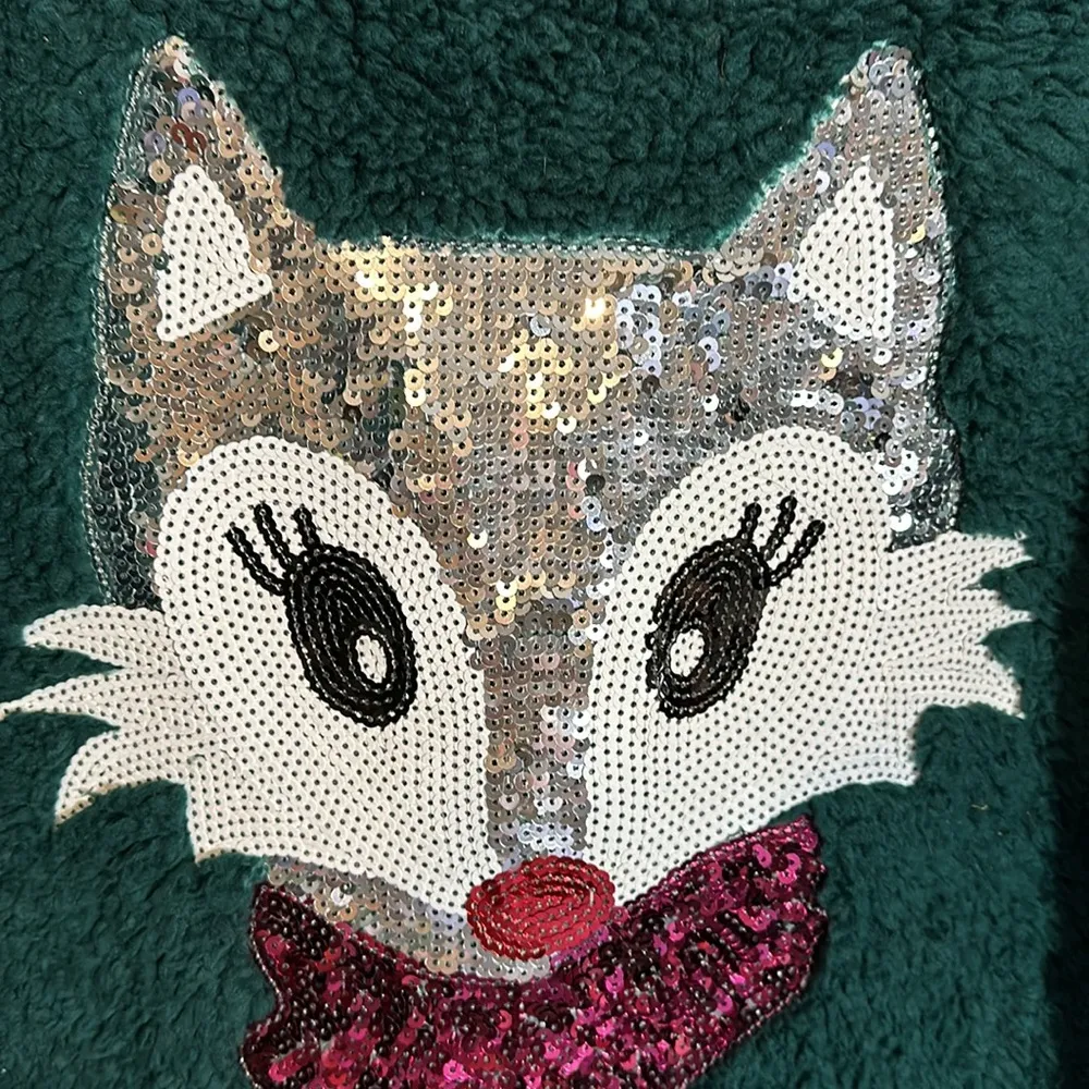 Time and Tru Green Fuzzy Fleece Sweater Sequin Fox Head Christmas Holiday Large - Image 8