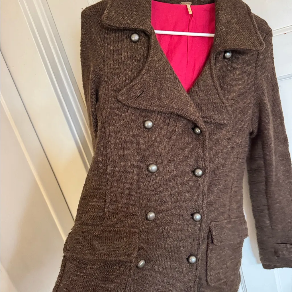 Free People brown floral embroidered back wool jacket size small - Image 4