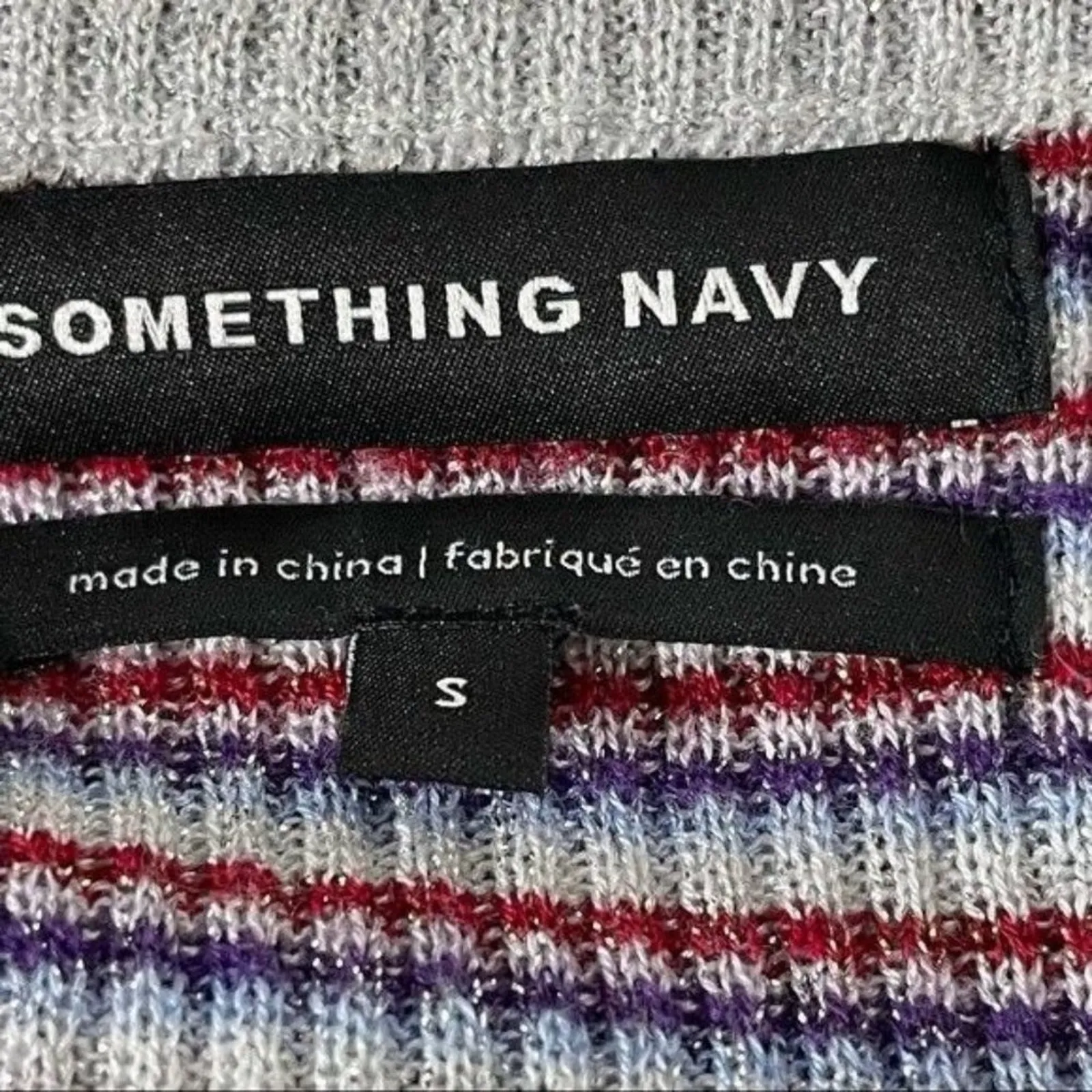 Something Navy Sparkle Ribbed Pullover Short Sleeve Crewneck Striped Small - Image 3