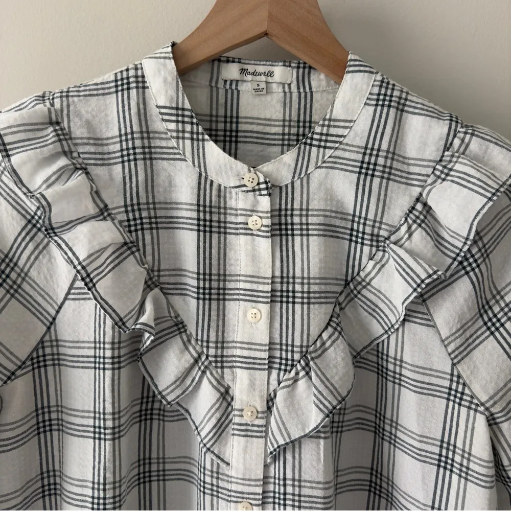 Madewell Plaid Cottagecore Gray and White Button Down Long Sleeve Dress Light S - Image 5
