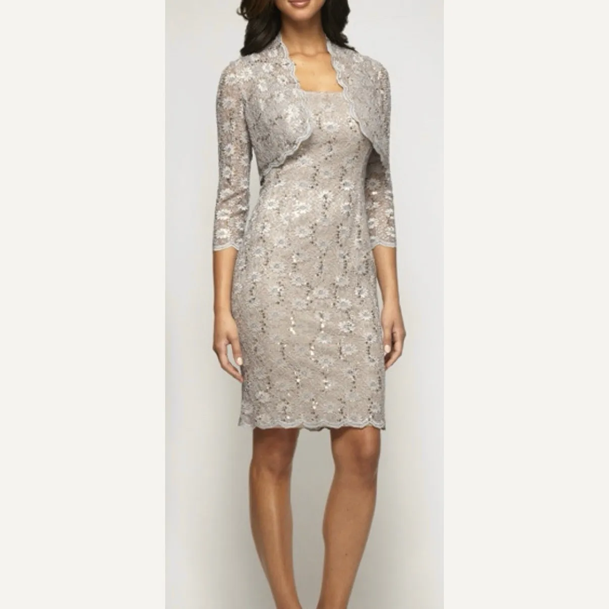 Alex Evenings Champagne Lace Sequin Two Piece Jacket Sleeveless Dress Size 8P - Image 2