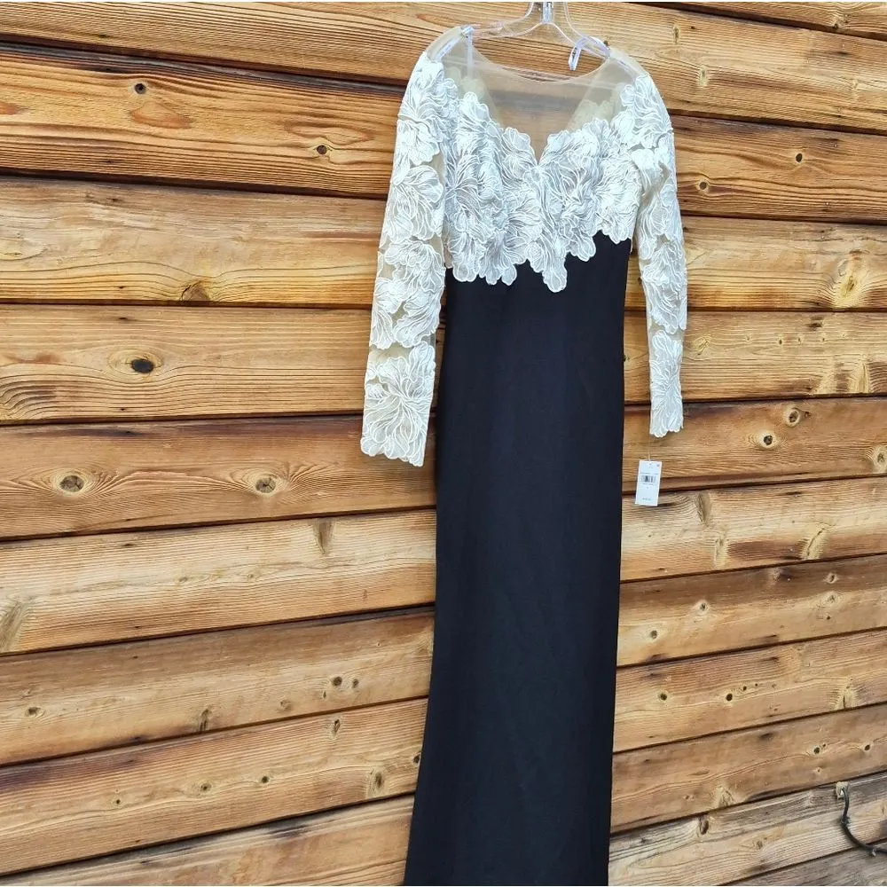 Tadashi Shoji Floral Lace Bodice Mixed Media Long Sleeve Gown - Image 6