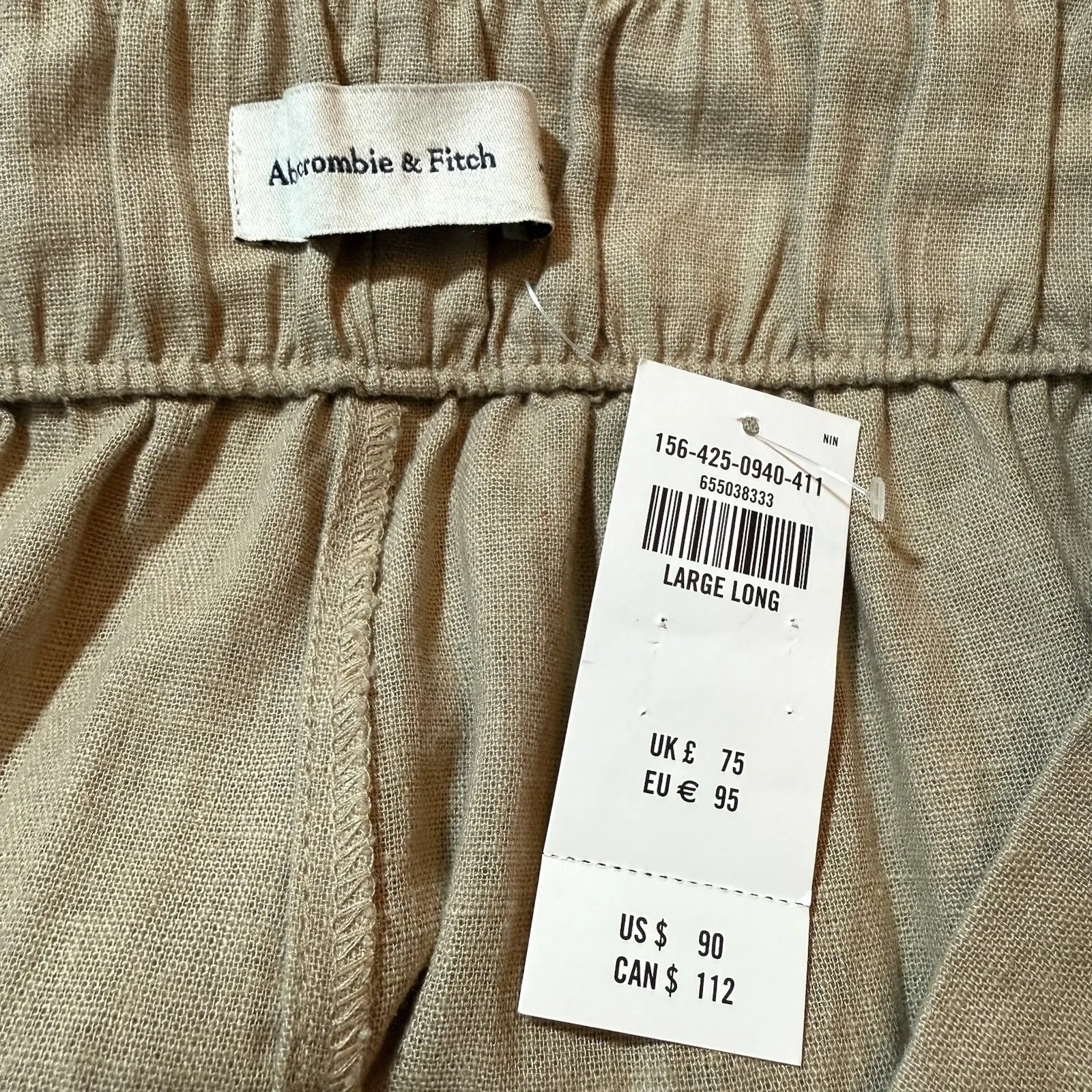 NWT Abercrombie & Fitch Linen Pleated Pull‎ On Wide Leg Trouser Pants L Long Tan - Image 10