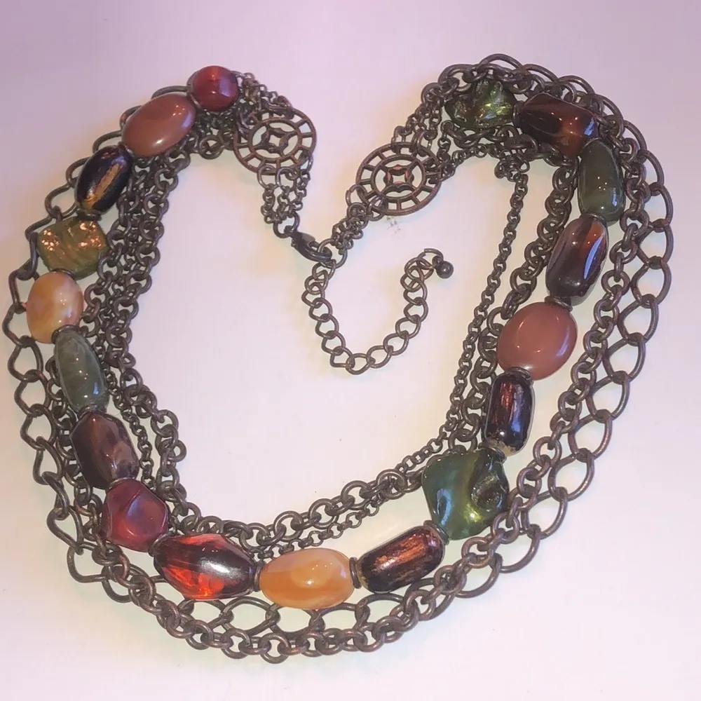 Brass Tone Bronze Tone Multi Strand Chain Beaded Boho Acrylic Beads Necklace - Image 4