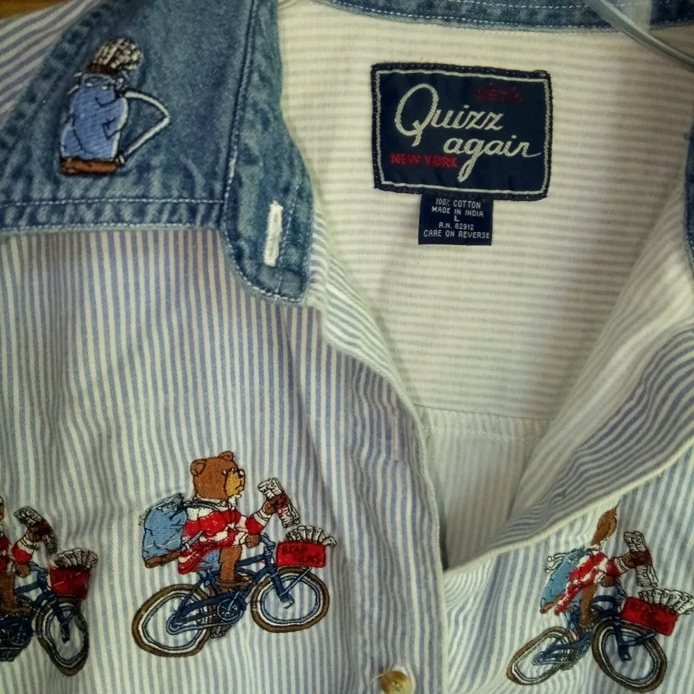 Let's Quizz Again L Striped Denim Shirt Top Blue Size L - Image 3