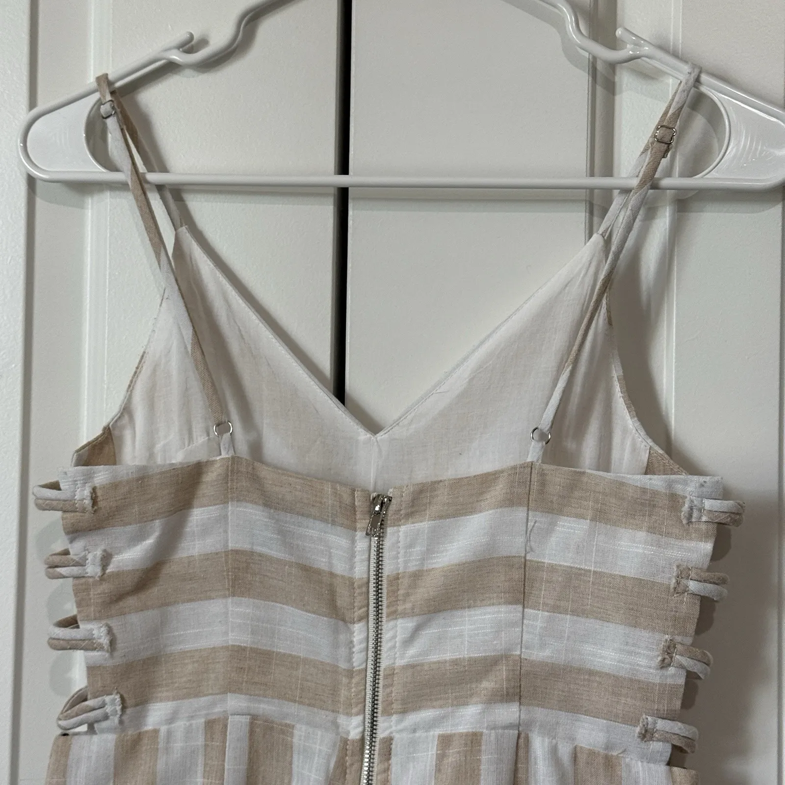 FOREVER 21 Wide Leg Jumpsuit Side Cutouts Cream Taupe Stripe Small - Image 6