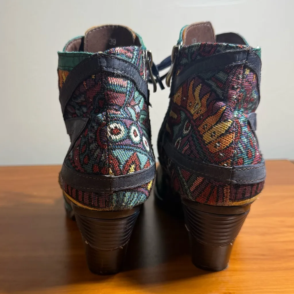 Socofy Bohemian Splicing Pattern Leather Ankle Boots Side Zip Lace Up Brocade 39 Blue Size 8 - Image 2