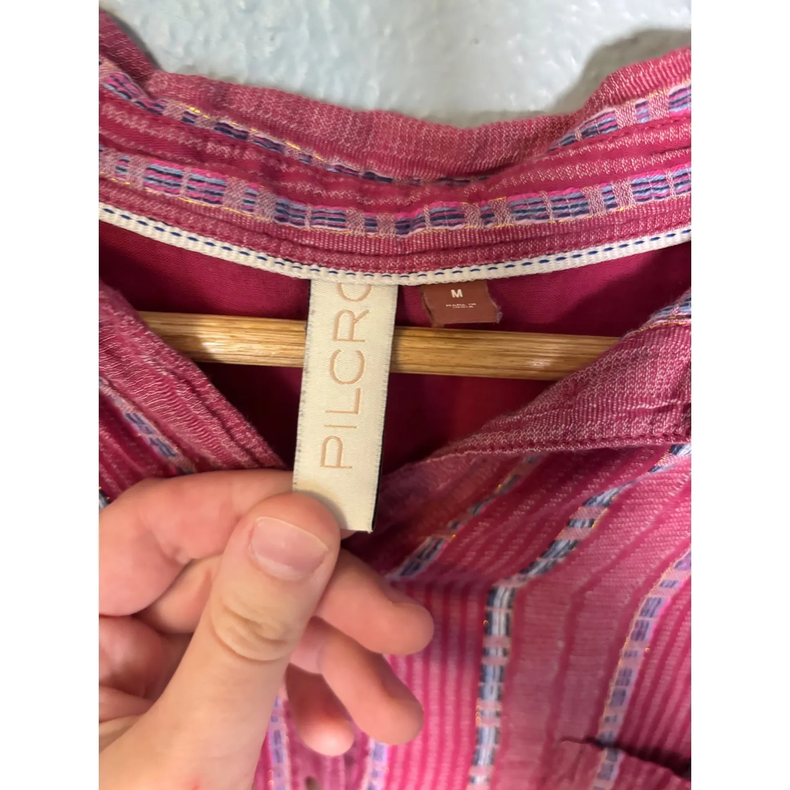 Anthropologie Pilcro The Bo Boyfriend Embroidered Button Down Pink Stripe Medium - Image 3