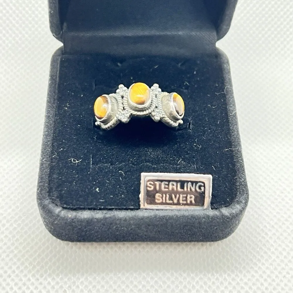 NIB Sterling Silver Three Stone Tiger's Eye Ring - Image 3