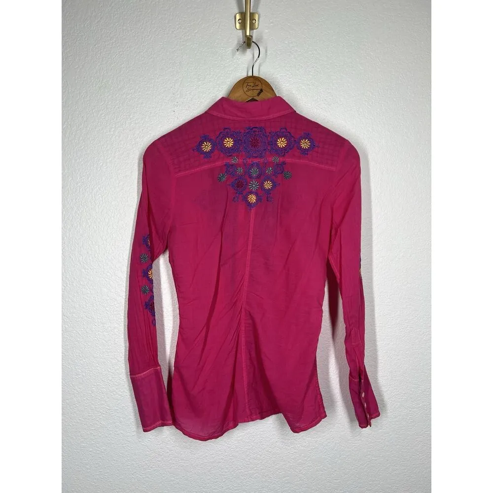 Johnny Was 3J Workshop Embroidered Button Front Shirt Small Pink - Image 5