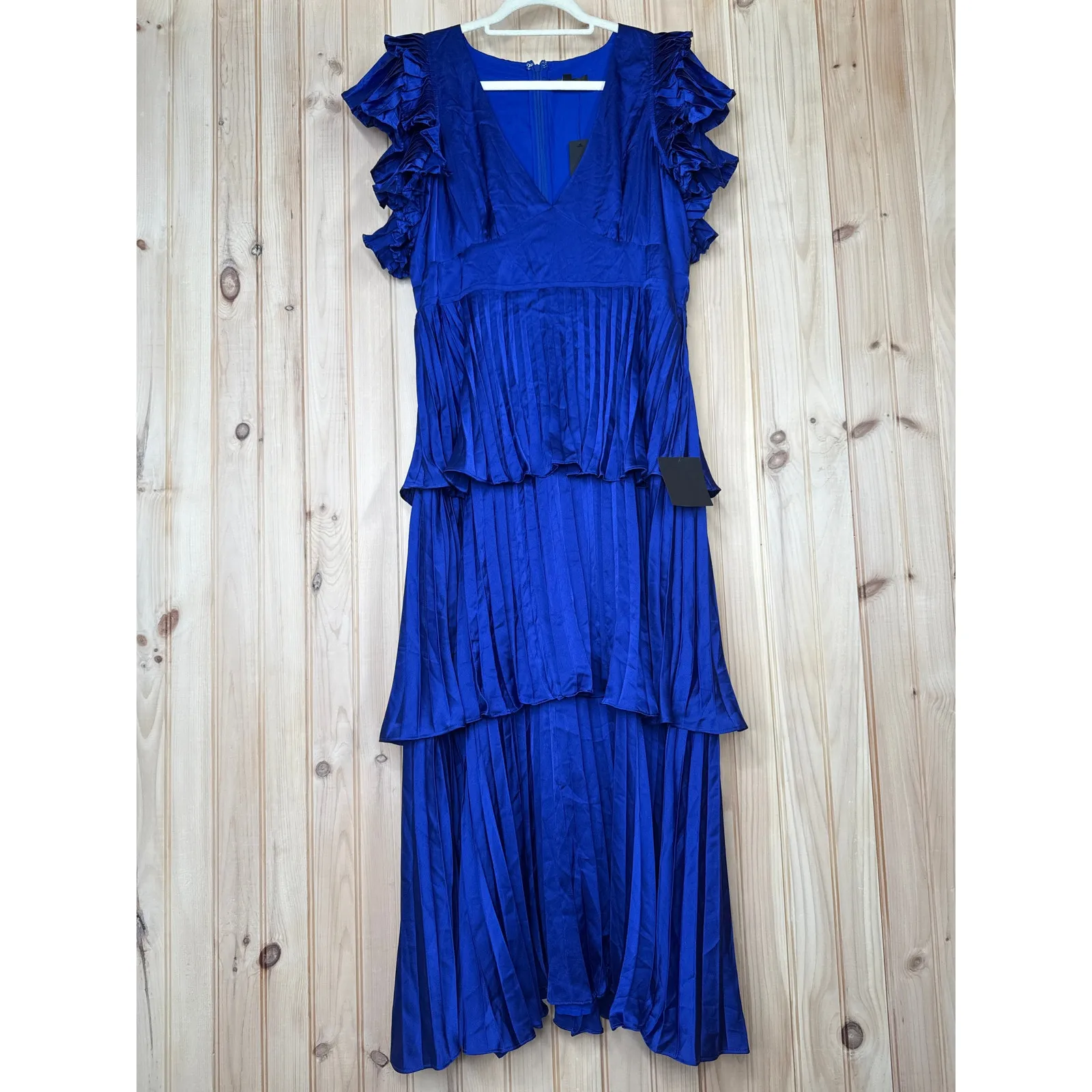 NWT Lulus Stunning Desire Cobalt Blue Satin Pleated Tiered Midi Dress Ruffle XL - Image 7