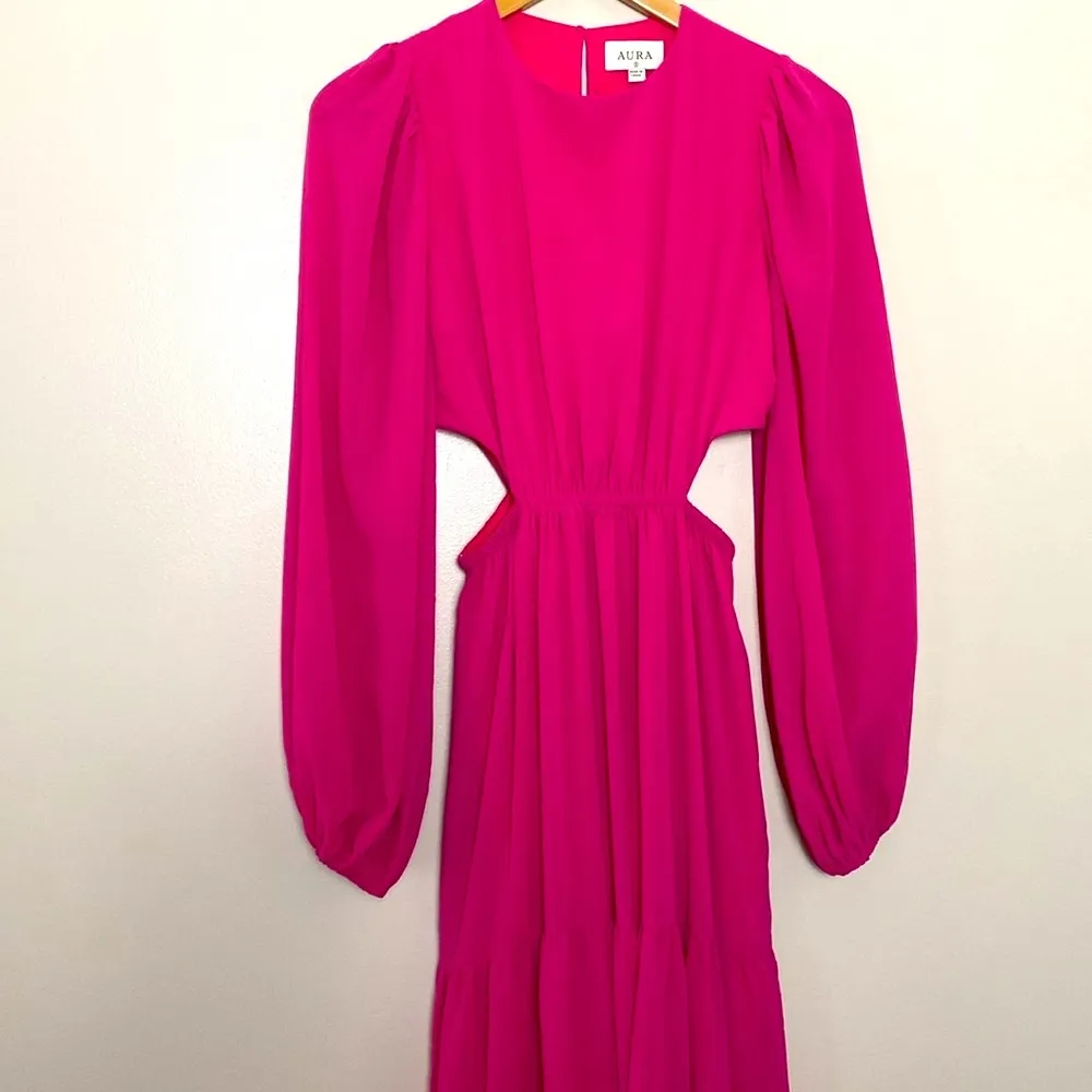 Aura Tiered Maxi Dress Cut Out Long Sleeve Chiffon Hot Pink Size S - Image 3