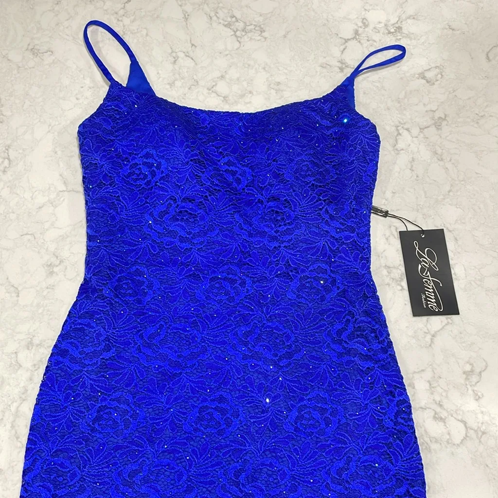 NWT La Femme 30265 Floral-Lace Tight Mini Cocktail Dress Royal Blur Sz 6 $298‎ - Image 3