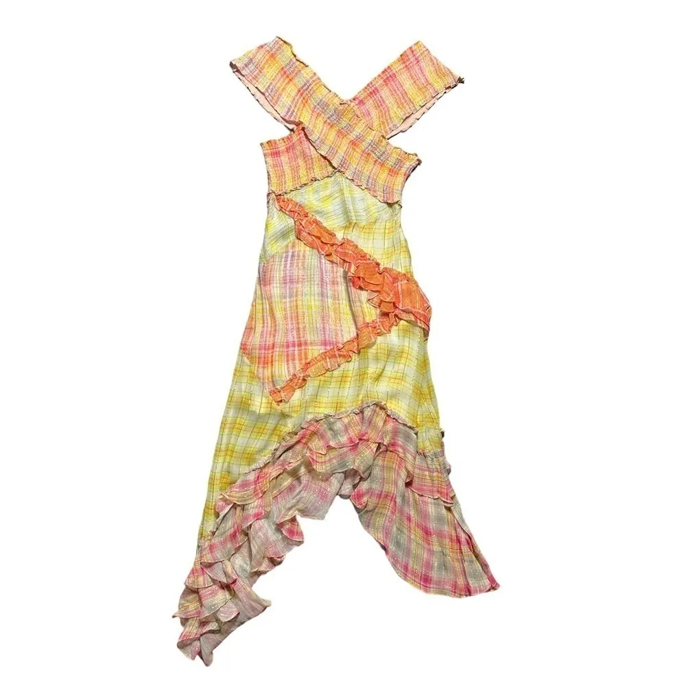 Hemant & Nandita Multi Colored Madrasi Asymmetrical Midi Dress US S Yellow - Image 2