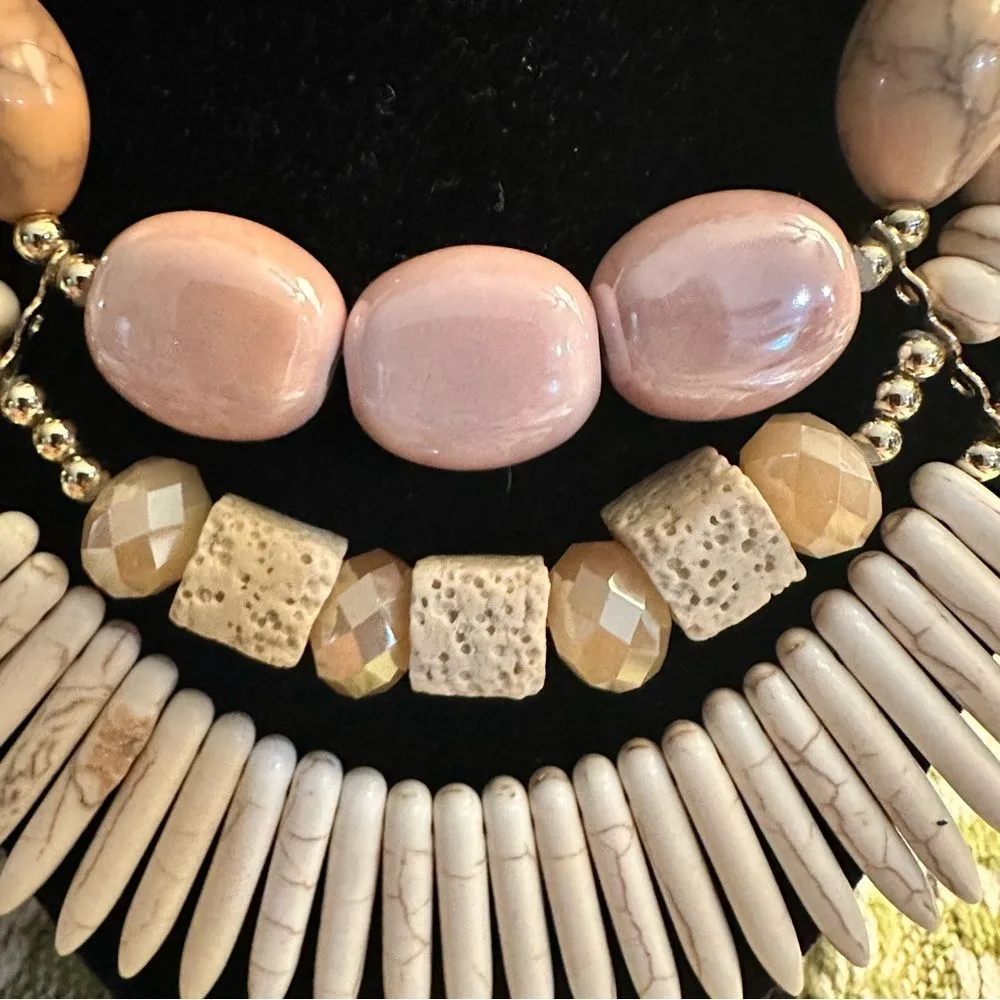 Boho Statement Necklace – Layered Natural Stone Beads & Shell Spikes Pink - Image 6