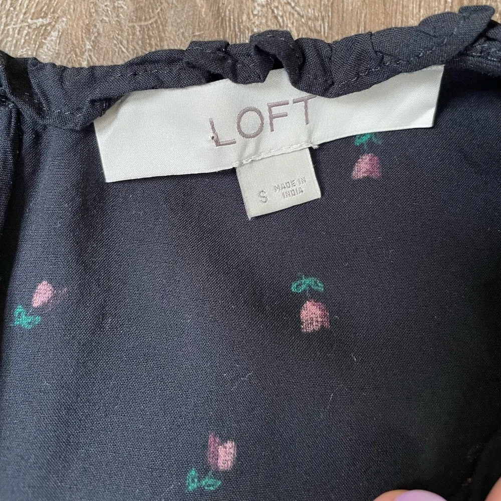 LOFT black floral empire waist tiered midi dress ~ ruffle details ~ size small - Image 9