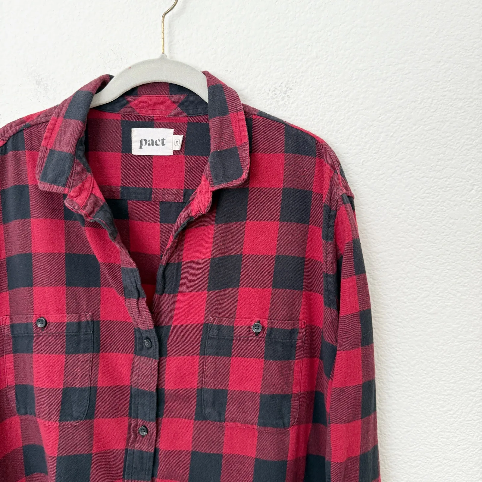 [Pact] Red Black Buffalo Plaid Tartan Button Down Shirt Organic Cotton Size XL - Image 8