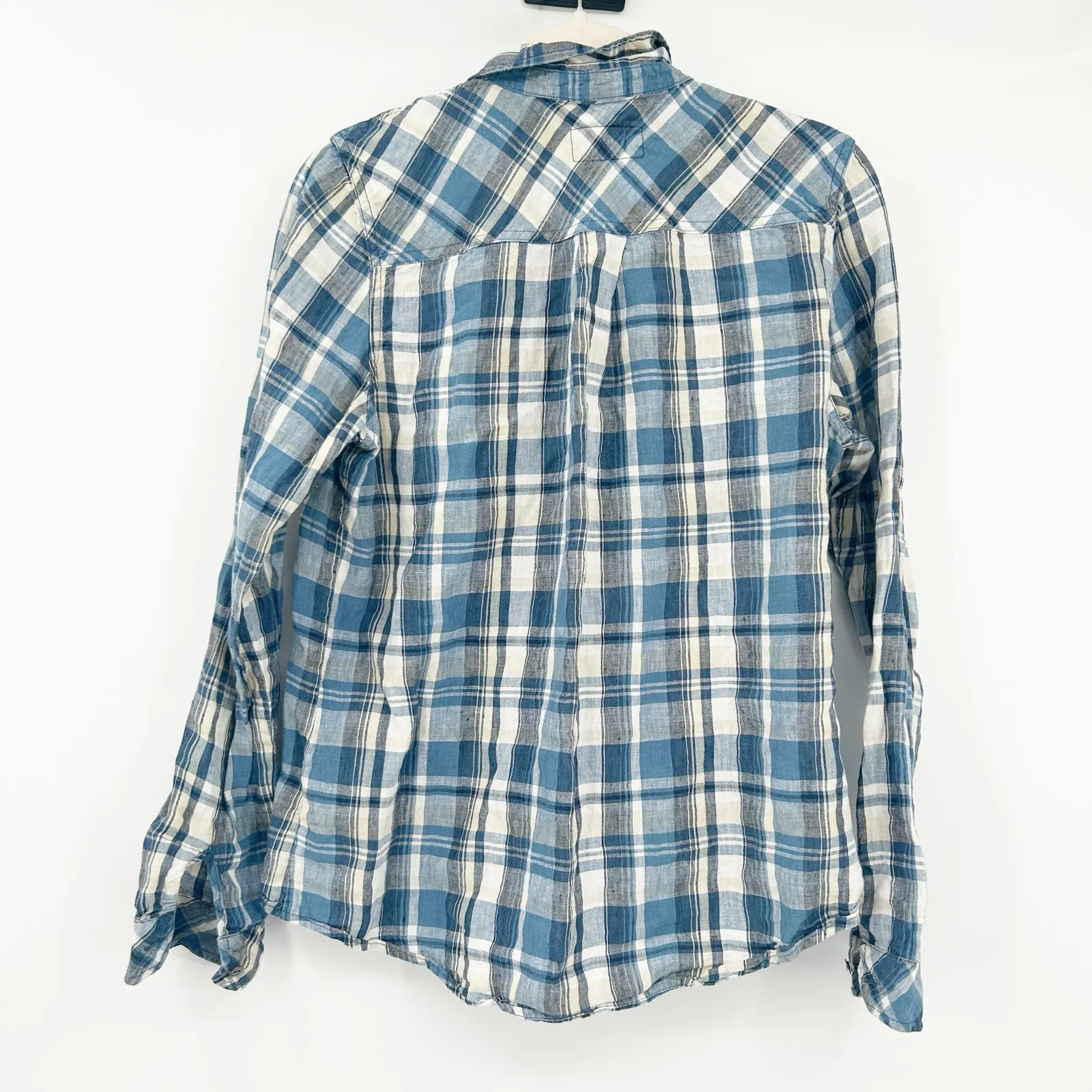 Current/Elliott Womens Western‎ Beachy Slim Boy 100% Linen Picnic Plaid Shirt L - Image 7