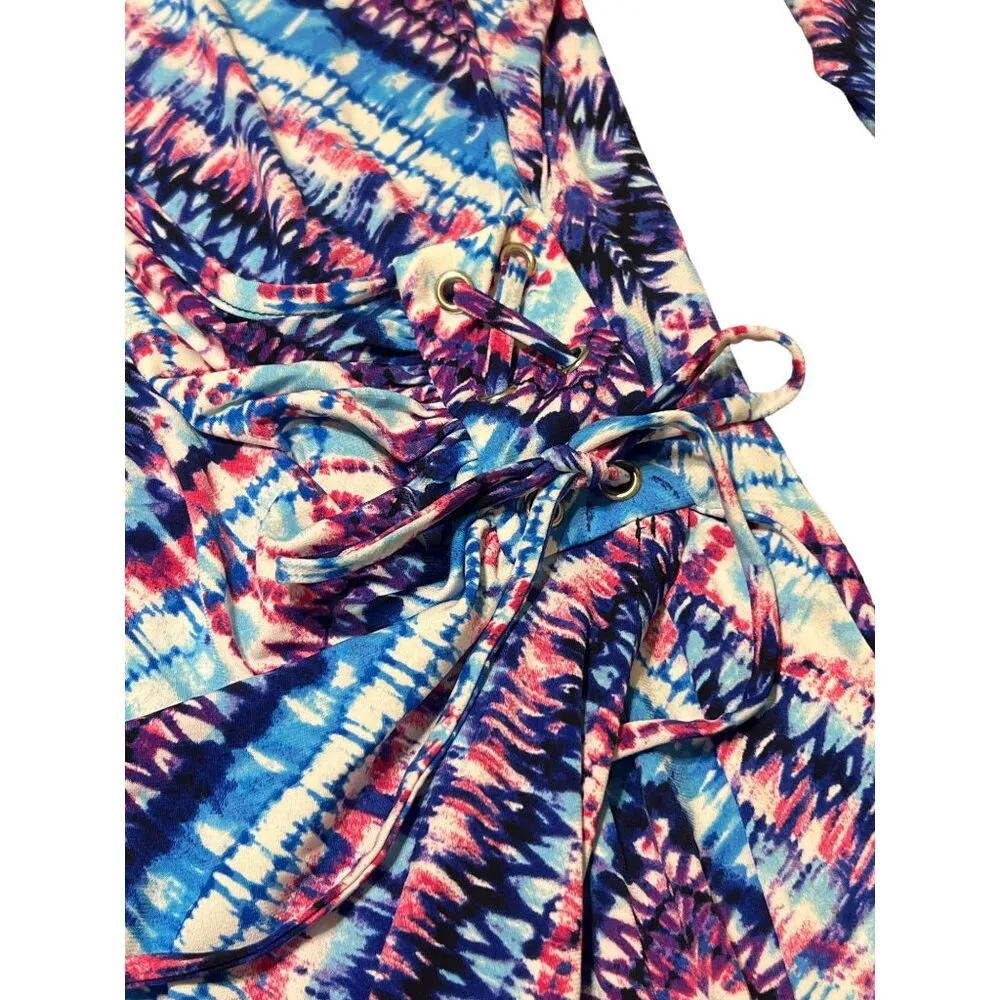 Ashley Stewart Tie Dye Wrap Dress 3/4 Sleeves V Neck Red White Blue Sz 22/24 NWT - Image 3