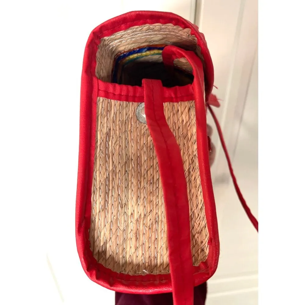 Straw Colorful Shoulder Bag Mexico Artisan Handmade Red Trim Woven Multicolor Tan - Image 8