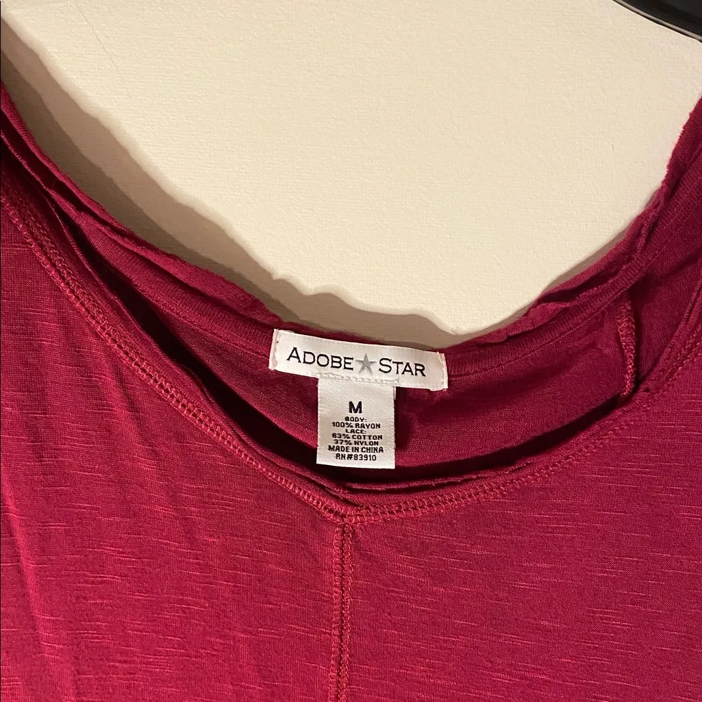 Adobe Star Deep Red Tunic Top with lace panels flared bottom oversized Medium - Image 3