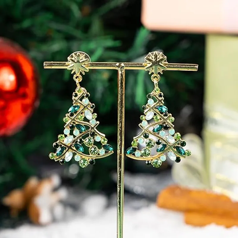 Sparkling Rhinestone Christmas Tree Dangle Earrings for Women Green - Image 3