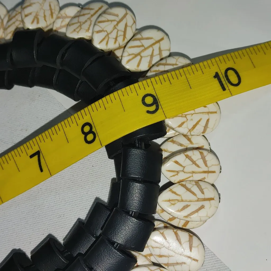 Tribal Necklace Black Tube Leather Stone White Leaf Beads Boho Statement Jewelry - Image 5
