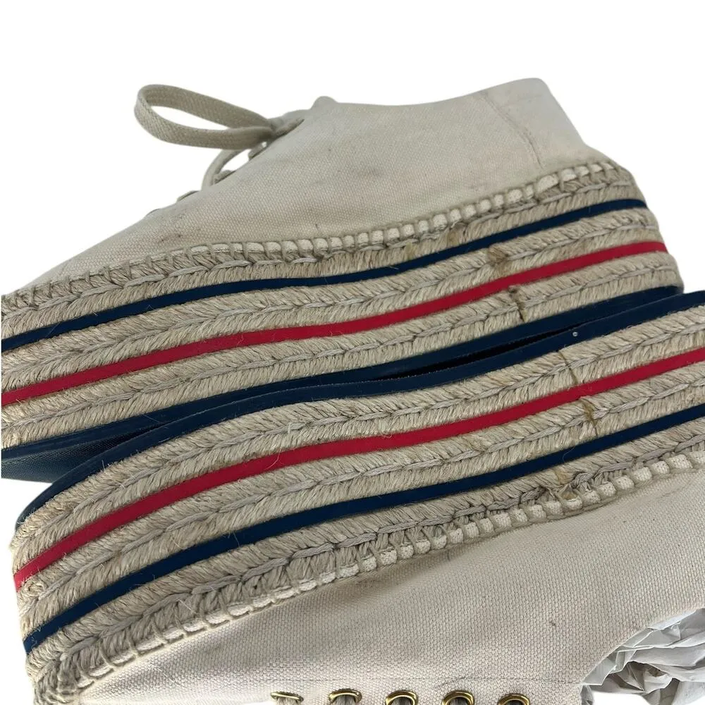Gucci  Cream Lace Up Canvas Logo Platform Espadrilles - Image 12