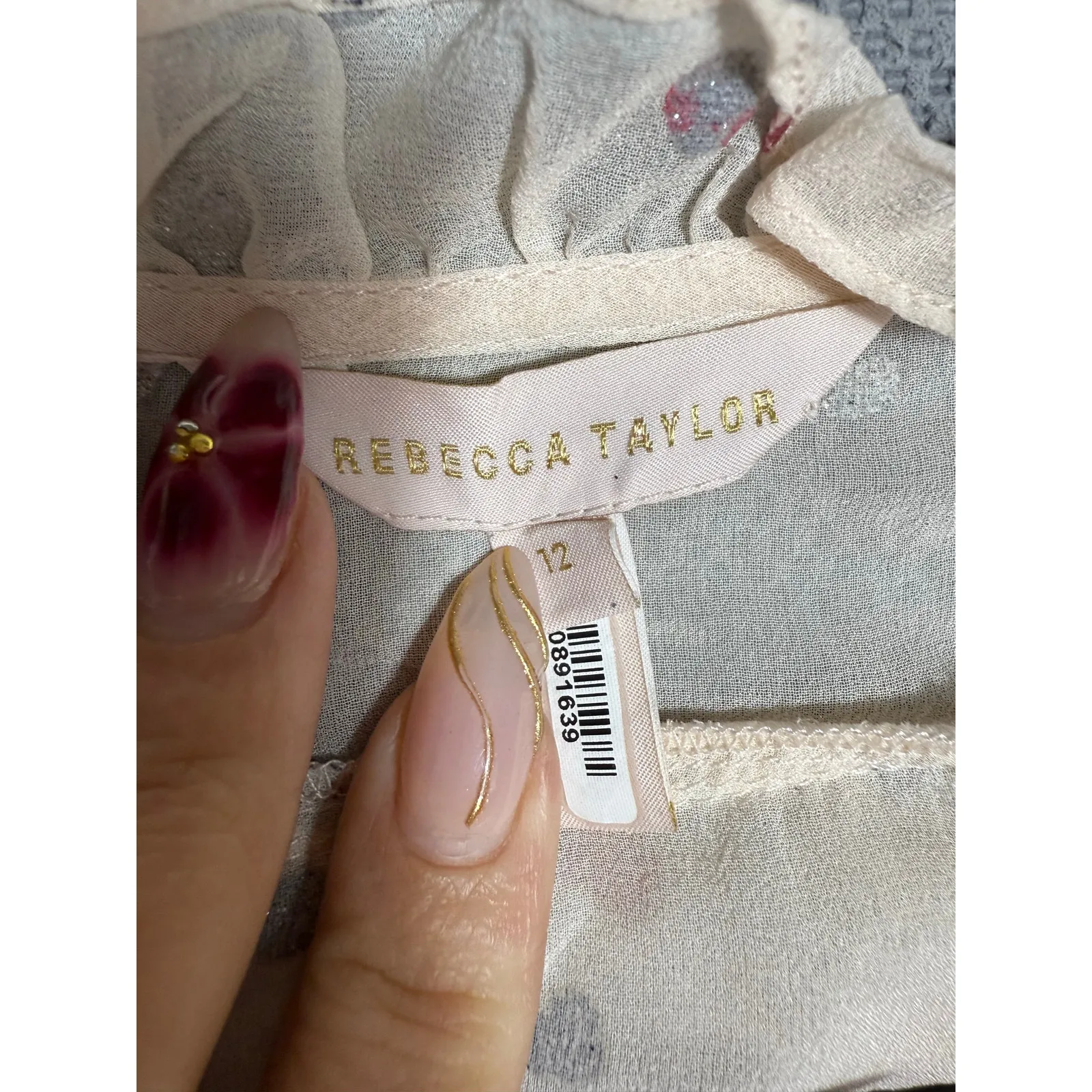 Rebecca Taylor Ruffle Gem Dot Silk Blouse Sheer Pink Metallic - Size 12 - Image 7