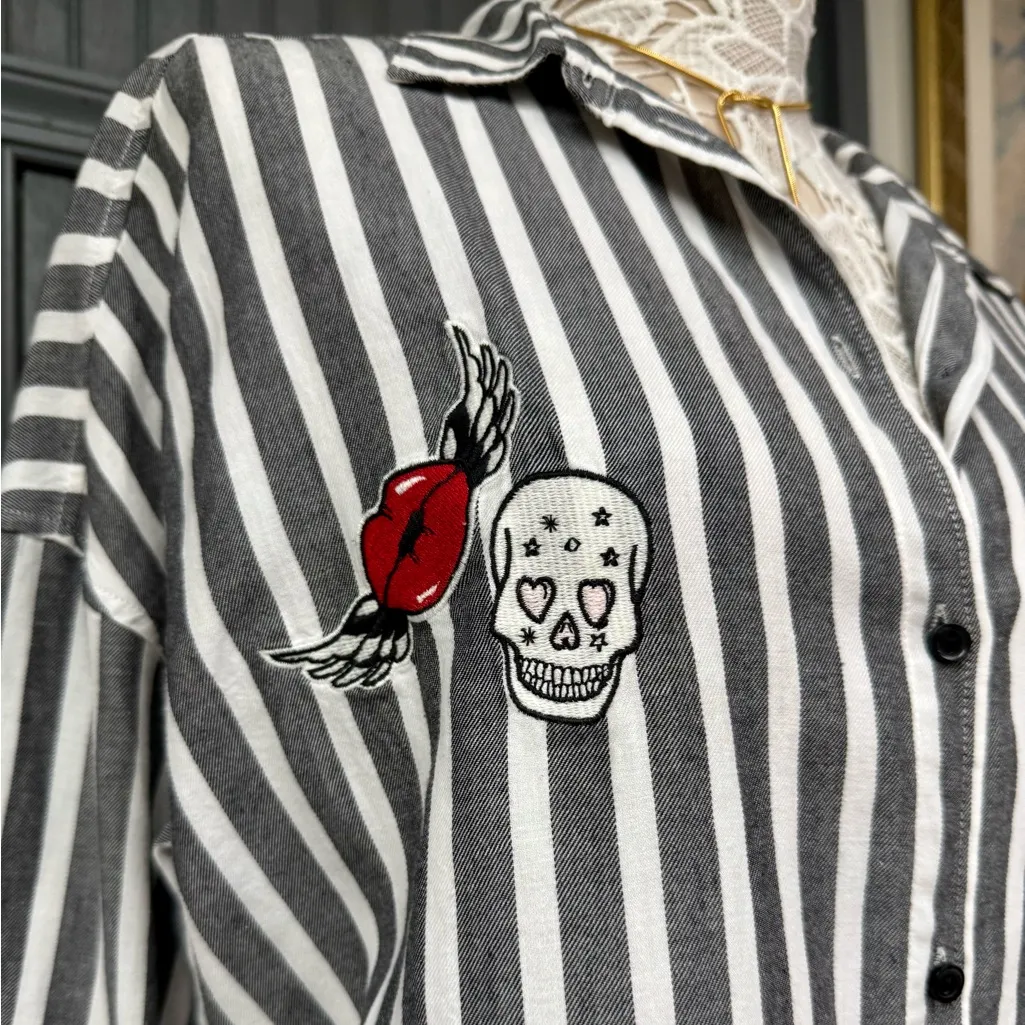 H&M Divided Striped Button-Up Shirt Skull Rose Embroidered Oversized 6, Fall Top - Image 7