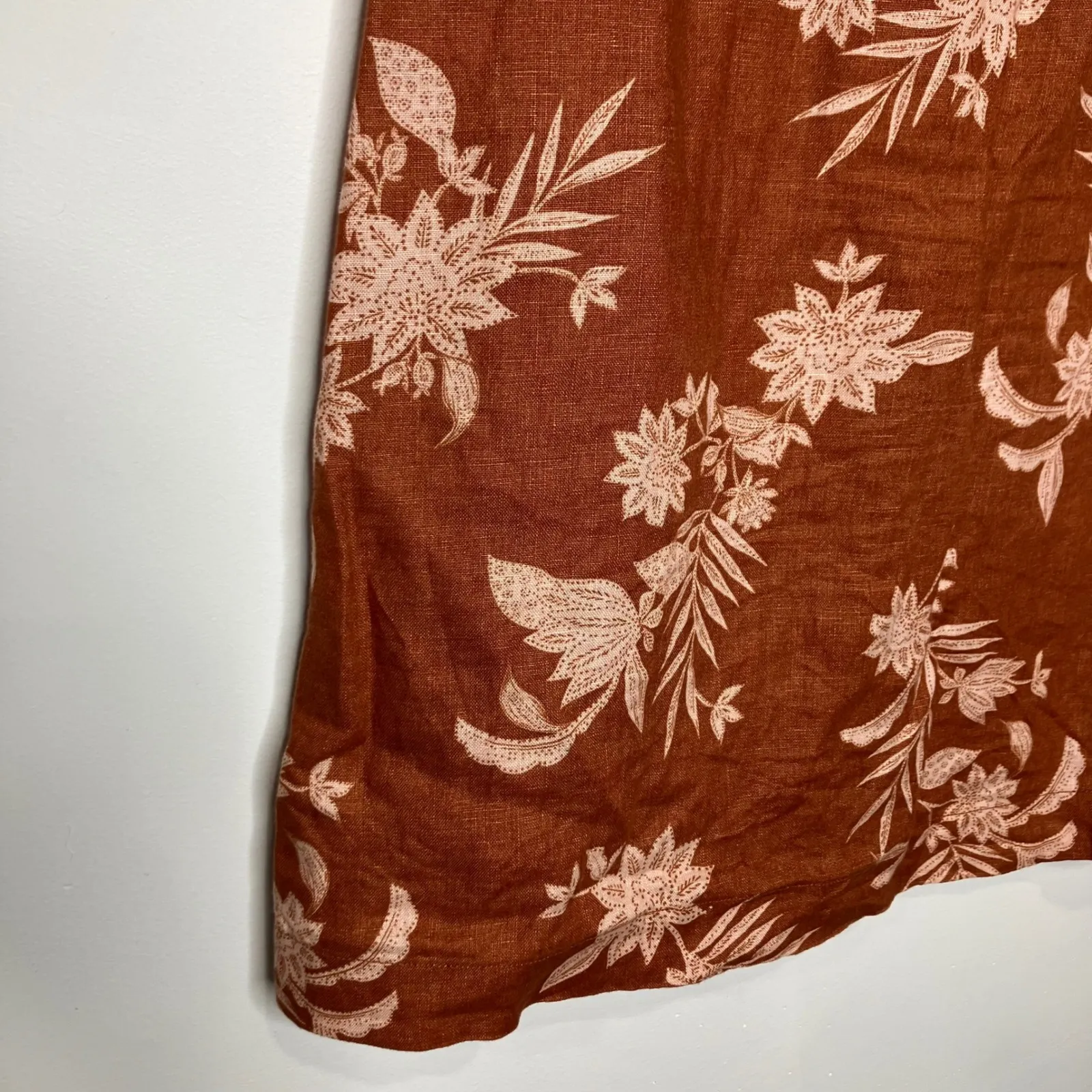 Garnet Hill 100% linen shirt dress rust cream floral pattern women's size 10 - Image 7