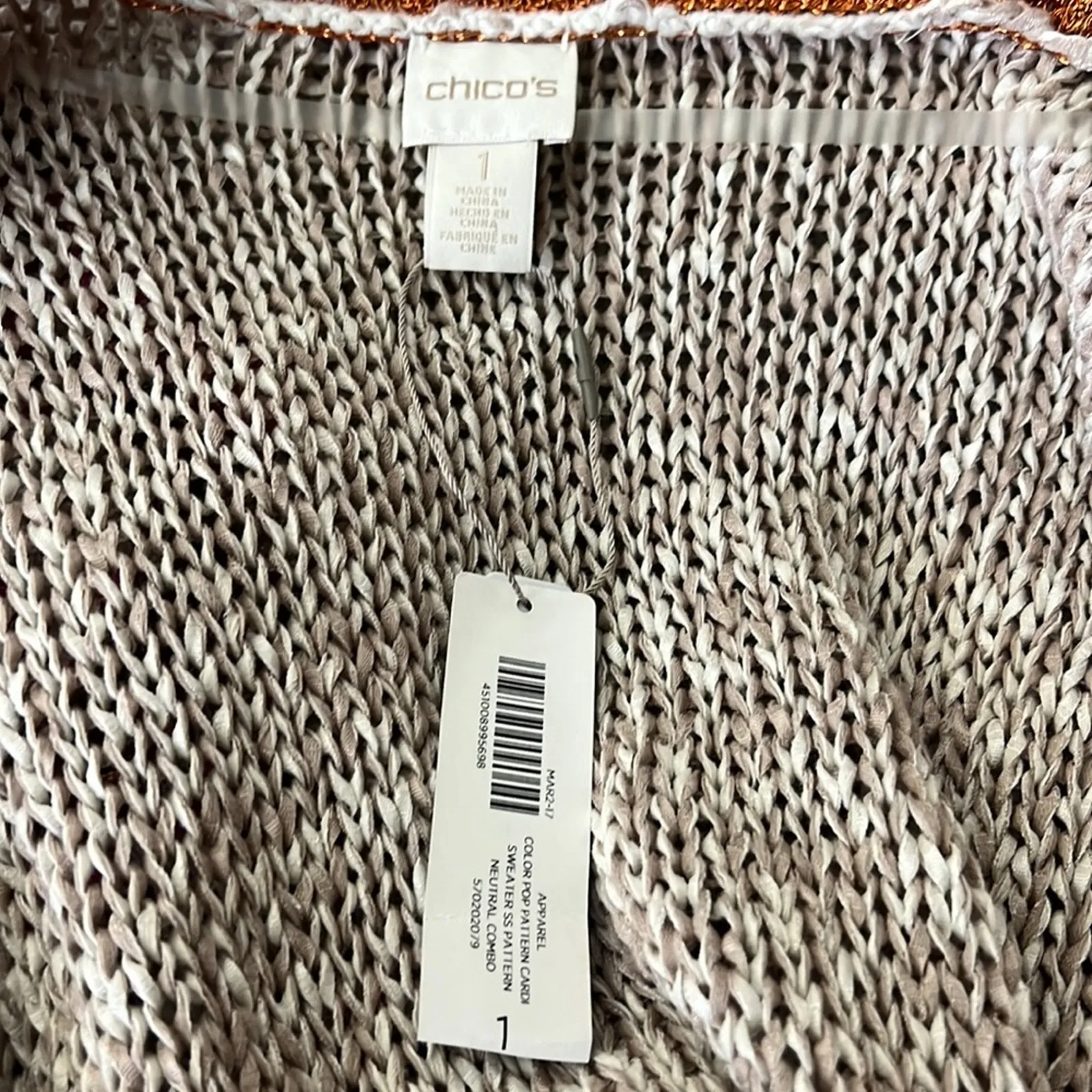 NWT Chicos Knit Cardigan Womens S Tan Pink Striped Open Neutral Boho Artisan - Image 5