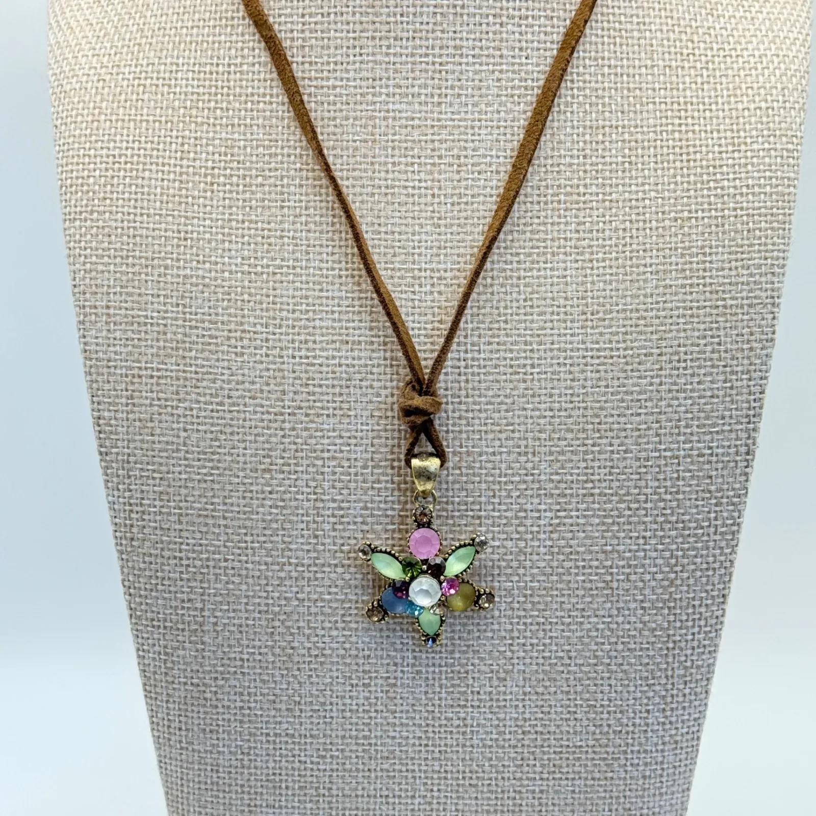 Y2K Boho‎ Flower Pendant Fairy Necklace Suede Cord Rhinestone Adjustable Length Brown - Image 2