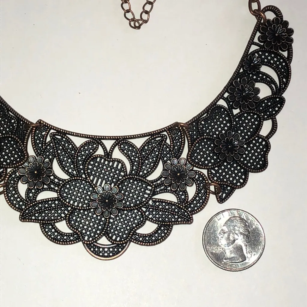 Elegant Copper Bronze Tone Floral Boho Statement Necklace Brown - Image 3