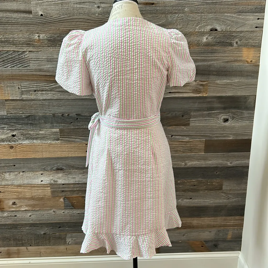 Draper James White Asymmetrical Stripe Ruffled Wrap Dress Size Medium - Image 7