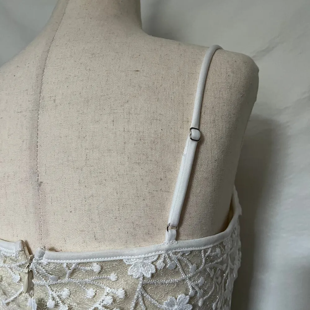 Lucy in the Sky Lace Applique Shimmer BodyCon Dress Sz S Cream Sleeveless Fairy - Image 13