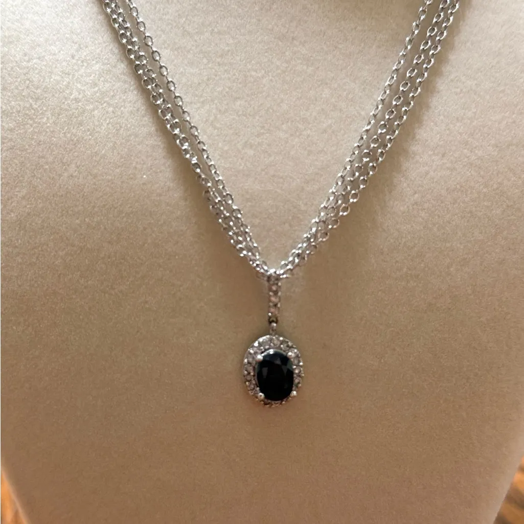 Silver Triple Chain Necklace With Faux Sapphire & Clear Crystal Pendant - Image 2