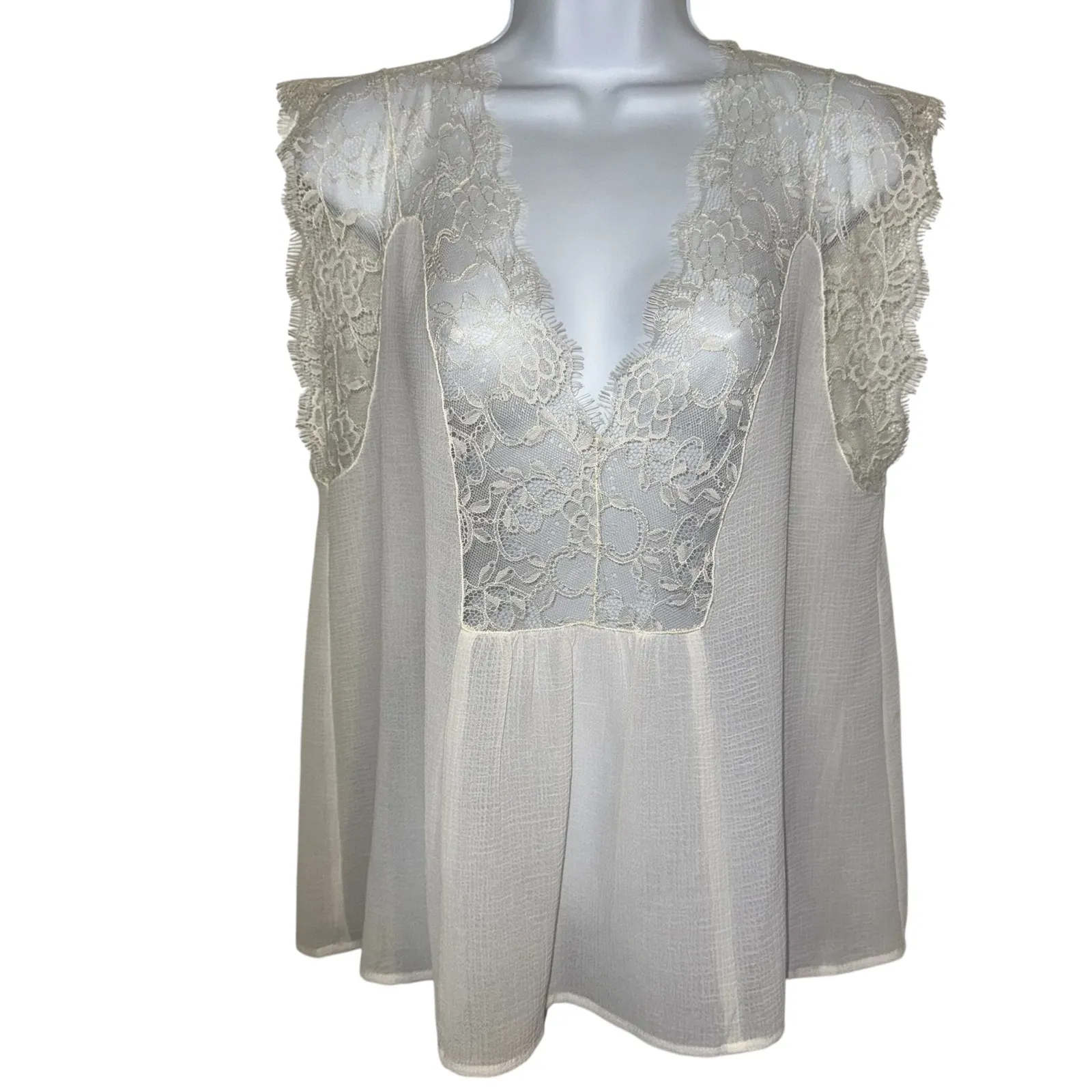 LOVESTITCH Vici Collection White Lace Trim Cap Sleeve Sheer V-Neck Blouse Small - Image 2