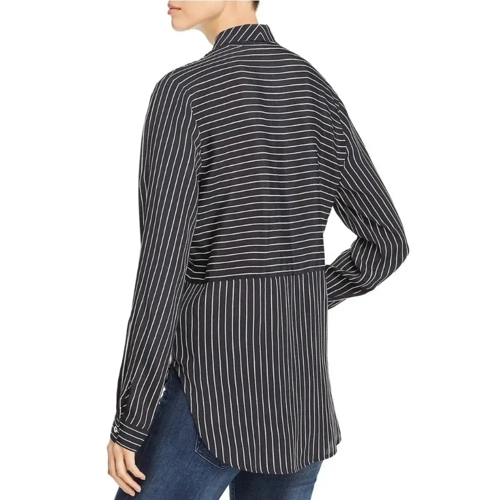Three‎ Dots Black White Striped Long Sleeve Button Up Tunic Top - Image 2