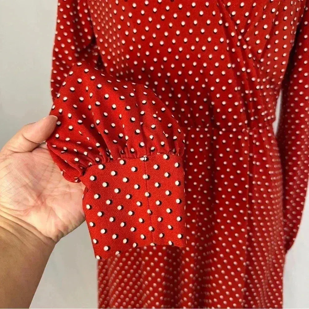 Adrianna Papell Long Sleeve Red Polka Dot V-Neck Midi Dress Medium Elastic Waist - Image 4