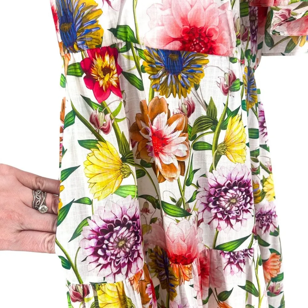 NEW Borgo De Nor Petra One Shoulder Ruffle Midi Dress Tiered Floral Print Size 8 - Image 9