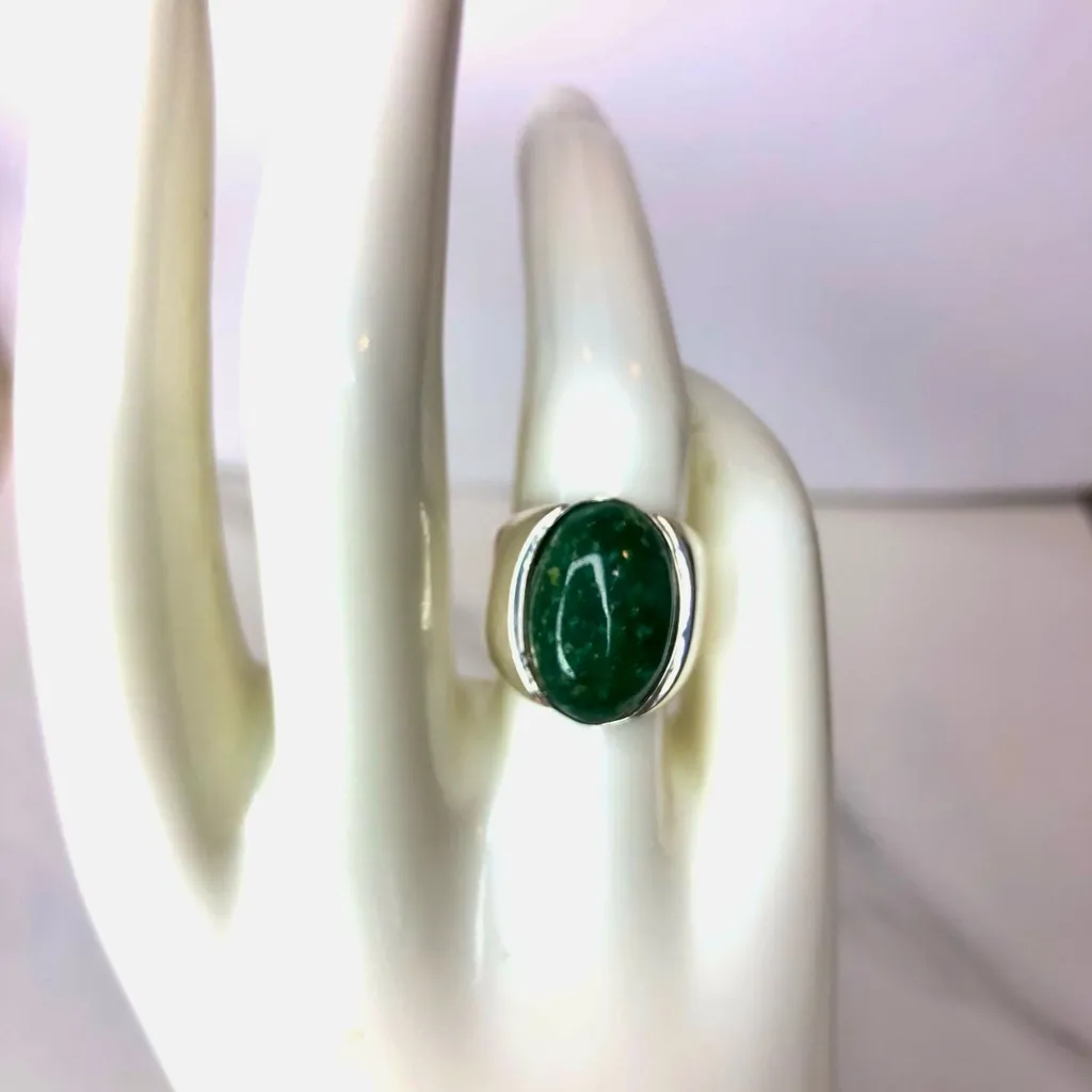 TAXCO Sterling Silver Ring with Green Aventurine Oval Cabochon Gemstone Sz 5 - Image 6